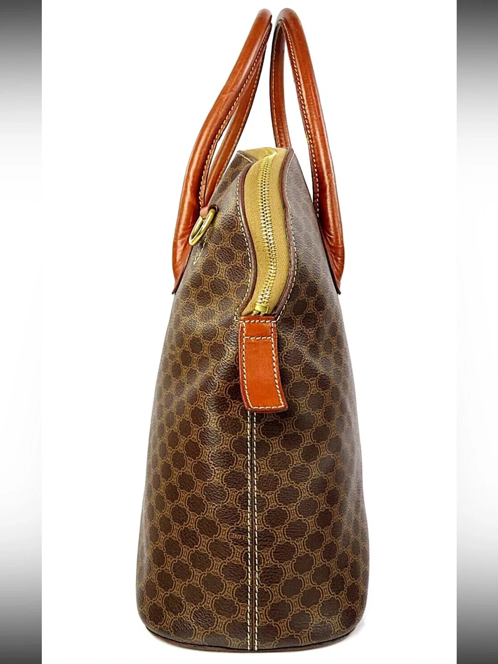 Celine Brown Patterned Dome Satchel with Tan Leather Handles